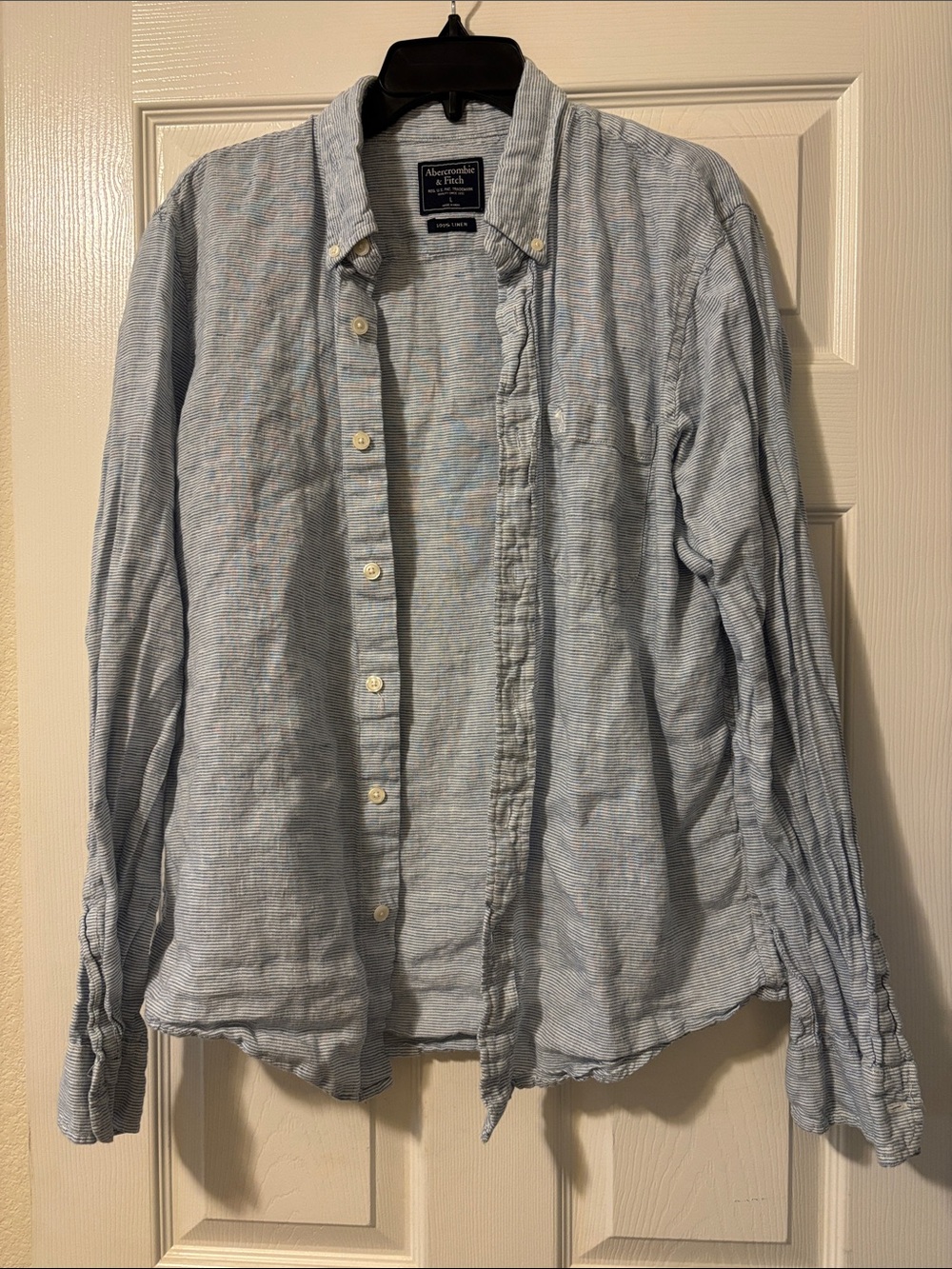 Abercrombie & Fitch Men's Linen Light Blue Striped Button-Down Shirt